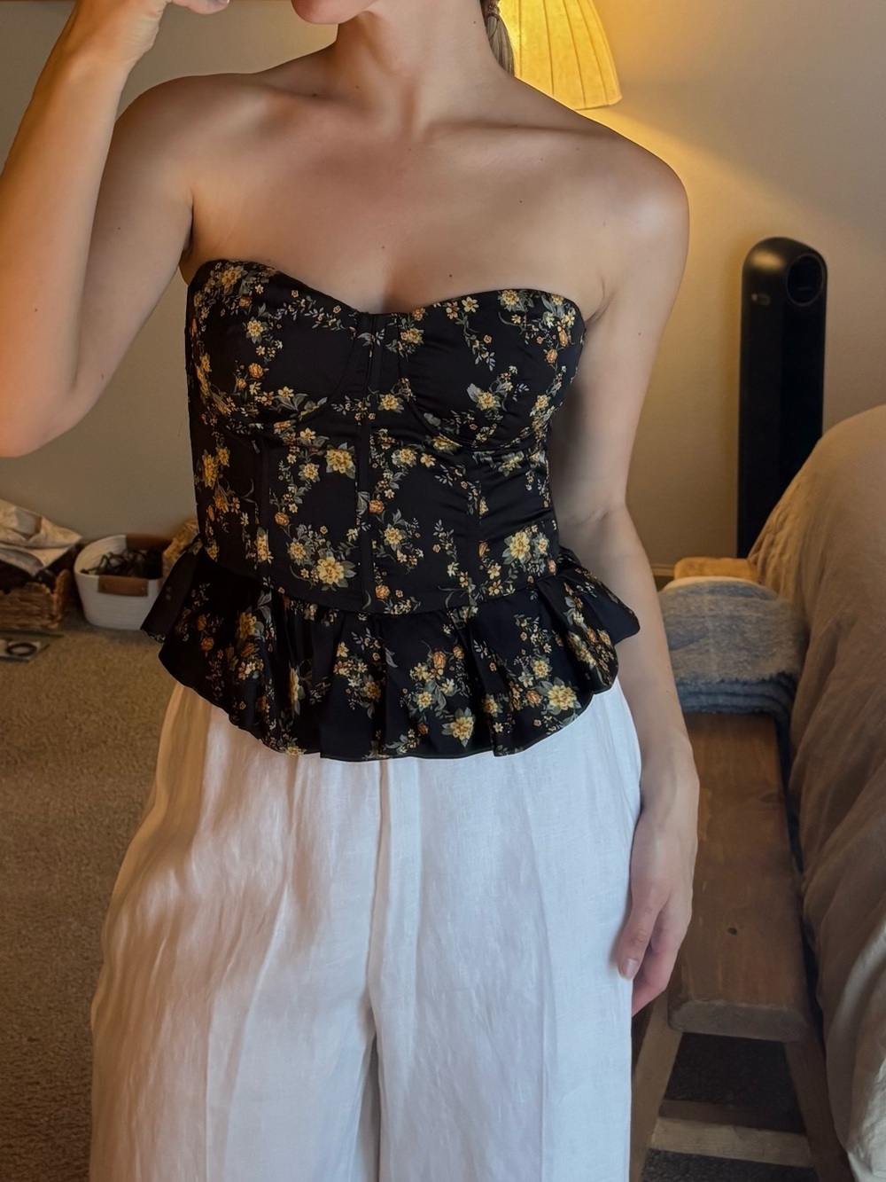 Strapless Black Floral Peplum Bustier Top